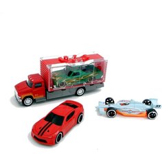 Металлическая машинка 1:64. Die cast набор Красный грузовик с боксом и 3 базовых машинки. Подарок мальчику. Meryama