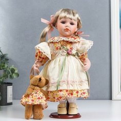 Кукла коллекционная керамика "Иришка в бежево-оранжевом платье с цветами и мишкой" 30 см NO Name