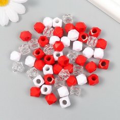 Бусины пластик Кристалл многогранник, Красный, белый, прозрачный набор 30 грамм 1х1х1 см , для рукоделия, плетения, вышивания Нет бренда