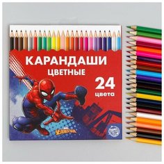 Карандаши 24 цвета "Супергерой", заточенные, шестигранные, картонная упаковка, европодвес, Человек-паук Marvel