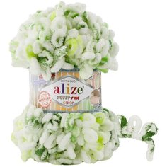 Пряжа Alize Puffy fine color белый-ярко-салатовый-зеленый (7627), 100%микрополиэстер, 14,5м, 100г, 3шт