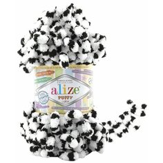 Пряжа Alize Puffy color белый-черный (6451), 100%микрополиэстер, 9м, 100г, 5шт