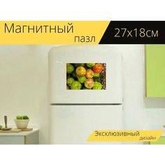 Магнитный пазл "Корзина фруктов, фрукты плетеные, фрукты корзина" на холодильник 27 x 18 см. Lots Prints