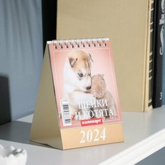 Календарь настольный, домик Щенки и котята 2024, 10х14 см Китай