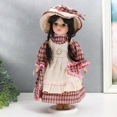 Кукла коллекционная керамика "Олеся в платье и шляпке в клетку" 30 см Noname