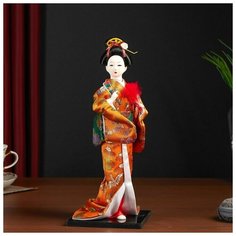 Кукла коллекционная Гейша в оранжевом кимоно с веером 22,5 см Китай