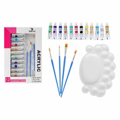 Краски акриловые, 12 цветов в пластиковой тубе, 12 мл, в картонной коробке, 4 кисти, палитра Россия