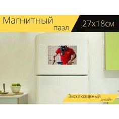 Магнитный пазл "Противогаз, газовые маски, обучение" на холодильник 27 x 18 см. Lots Prints