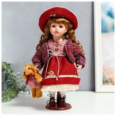 Кукла коллекционная керамика "Элла в бордовом платье, шляпе и с мишкой" 30 см Noname