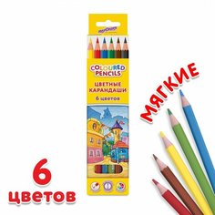Карандаши цветные 6 цветов Юнландия "Домики" (L=176мм, d=3мм, пластик, мягкий грифель) (181835), 24 уп.