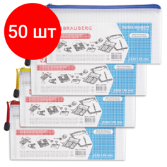 Комплект 50 шт, Папка-конверт на молнии малый формат (255х130 мм), молния ассорти, сетка, прозрачная, 0.2 мм, BRAUBERG "Segment", 223888