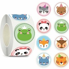 Наклейка бумага "Мордочки зверят" d=2,5 см 500 шт в рулоне 3х6,5х6,5 см, 2 штуки Noname