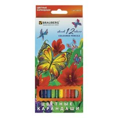 Карандаши цветные 12 цветов Brauberg "Wonderful butterfly" (d=3мм, 6гр) картонная упаковка с блестками (180535), 12 уп.