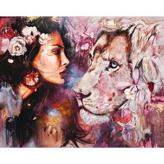 Алмазная мозаика на подрамнике 40х50 Девушка и тигр в цветах Kolibriki