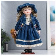 Кукла коллекционная керамика "Настенька в синем бархатном платье, с мишкой" 40 см NO Name