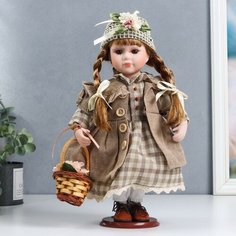 Кукла коллекционная керамика "София в песочном пальто, платье в клетку" 30 см