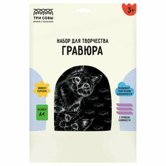 Гравюра с эффектом серебра ТРИ совы "Любопытные коты", А4, 345923