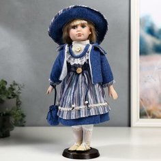 Кукла коллекционная керамика Стася в синем полосатом платье и синей куртке 40 см Китай