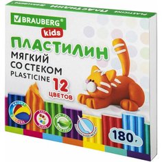 Пластилин восковой Brauberg мягкий, Kids, 12 цветов, 180 г, со стеком (106495)