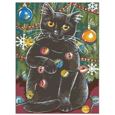 Картина по номерам, "Живопись по номерам", 30 x 40, A189, чёрный, кот, гирлянда, Рождество, Новый год, животные, зима