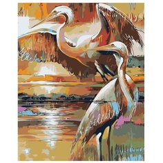 Картина по номерам, "Живопись по номерам", 100 x 125, A463, аисты, пара, природа, закат, река, пейзаж, масляная живопись