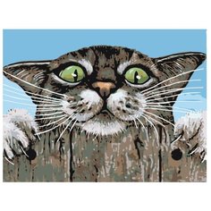 Картина по номерам, "Живопись по номерам", 36 x 48, A128, любопытный, кот, забор, небо