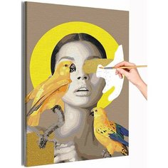 Девушка, попугаи и луна / Абстракция Раскраска картина по номерам на холсте с металлической краской 40х60