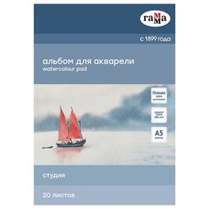 Альбом для акварели 20л, А5, на склейке Гамма "Студия", 200г/м2, среднее зерно, 4 шт Gamma