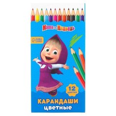 Карандаши 12 цветов, заточенные, шестигранные, картонная упаковка, европодвес, Маша и Медведь