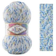Пряжа для вязания Alize Verona Colormix (Ализе Верона Колормикс)- 3 мотка 7702 белый с синим, гипоаллергеная для детских вещей, 100% акрил 210м/100г