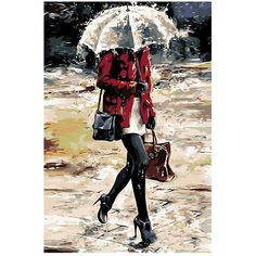 Картина по номерам, "Живопись по номерам", 100 x 150, EM13, женщина, осень, дождь, сумка, зонт, сапоги, каблук, городской пейзаж