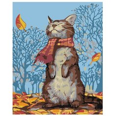 Картина по номерам, "Живопись по номерам", 48 x 60, A62, кот, осень, шарф, листья, животное, природа, наслаждение, иллюстрация