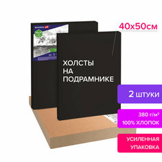 Холсты на подрамнике черные в коробе, Комплект 2 шт. (40х50 см) 380 г/м2, грунт, хлопок, Brauberg Art Classic, 880354