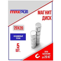 Магниты 20х20 мм MaxPull диски NdFeB набор 5 шт. в тубе