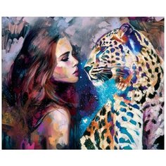 Алмазная мозаика без подрамника 40x50 см Девушка и леопард Noname