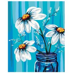Картина по номерам, "Живопись по номерам", 60 x 75, F52, поп-арт, рисунок, цветы, банка, хризантемы, ромашка, синий фон
