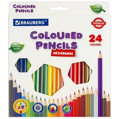 Карандаши цветные пластиковые BRAUBERG PREMIUM, 24 цвета, шестигранные, грифель мягкий 3 мм, 2 шт.