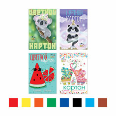 Набор цветного картона Альт, А4 (200 х 290 мм), 16 листов, 8 цветов , "мультики", 4 вида, Арт. 82700