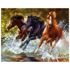 Алмазная мозаика на холсте с подрамником (картина стразами, алмазная вышивка) Тройка лошадей 40x50 см. Boom Boom Shop