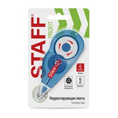 Корректирующая лента STAFF PROFIT, 5 мм х 6 м, механизм перемотки, корпус голубой, блистер, европодвес, 271254