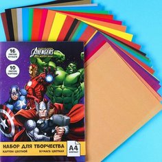 Набор «Команда» А4: 10 л. цв. одност. мел. картона и 16 л. цв. двуст. бумаги, Мстители Marvel