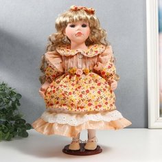 Кукла коллекционная керамика "Тося в кремовом платье с цветочками, с бантом в волосах" 30 см 75861 NO Name