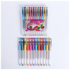 Набор гелевых ручек, 12 цветов, с блестками, с резиновым держателем, в пластиковой коробке Нет бренда