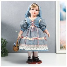 Кукла коллекционная керамика Катя в голубом платье с завязками, в косынке 40 см Китай