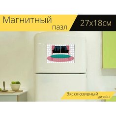 Магнитный пазл "Окно, шторы, здания" на холодильник 27 x 18 см. Lots Prints