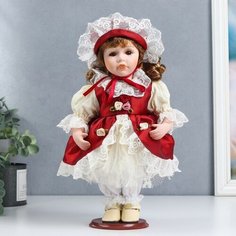 Кукла коллекционная керамика "Мила в красно-белом платье и чепчике" 30 см Noname