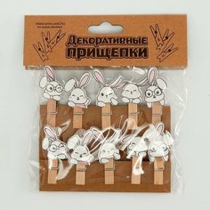 Прищепки декоративные с верёвкой для подвеса «Зайчики» набор 10 шт. — 1,5 × 12 × 14 см, 2 штуки Noname