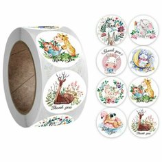 Наклейка бумага "Милые животные" d=2,5 см 500 шт в рулоне 3х6,5х6,5 см Noname