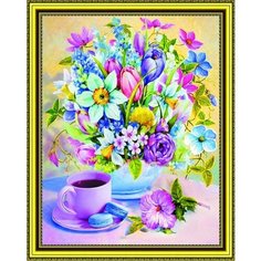 Алмазная мозаика 40х50 "Букет цветов и чашка чая" на холсте с подрамником (картина круглыми стразами)