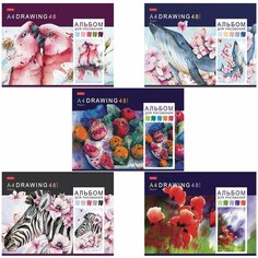 Альбом для рисования, А4, 48 листов, скоба, обложка картон, HATBER, 205х290 мм, "Акварельная палитра" (5 видов), 6 шт.